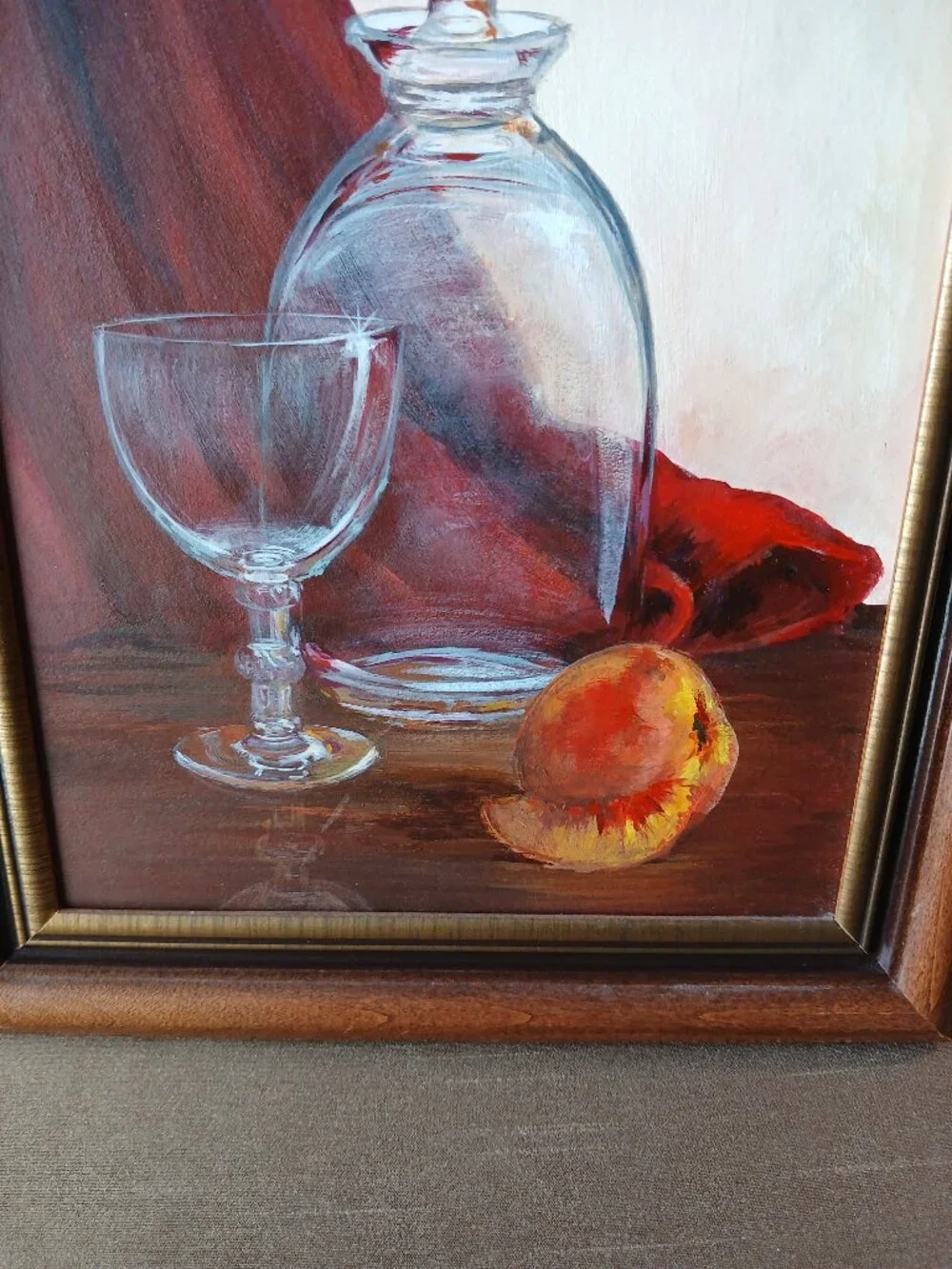 Vintage Still Life Oil Painting, Glass Decanter with Peach, BarCore